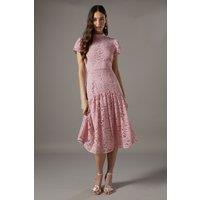 Lace Frill Sleeve High Neck Midi Dress