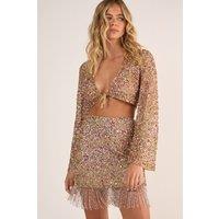 (AZ) Metallic Net Sequin Pearl Tie Front Fluted Sleeve Top