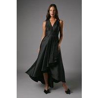 Coast Women's Honoured Petite Sleeveless Plunge Waterfall Twill Maxi Bridesmaid Dress in Black | Size: 6