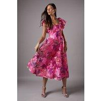 Coast Women's Printed Broderie Frill Sleeve Midi Holiday Dress in Pink | Size: 10