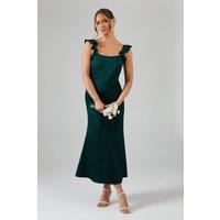 Oasis Women's Ruffle Square Neck Satin Bridesmaid Midi Dress in Emerald | Size: 10