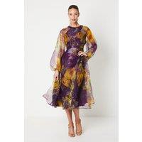 Coast Women's Organza Wrap Waist Puff Sleeve Midi Dress in Purple | Size: 10