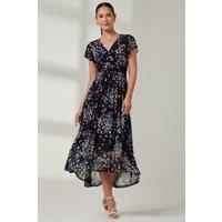 Jolie Moi Women's Wrap Dip Hem Mesh Maxi Dress in Dark Navy | Size: 8