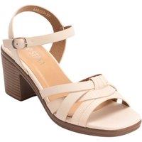 IVACHY Women's Block Heel Sandals Comfortable Mid Heel Strappy Summer Shoes with Ankle Buckle in Beige | Size: 7