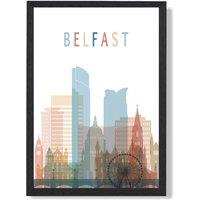 ARTZE Belfast Colourful City Skyline Framed Print SIZE: A2 with Black Frame in Pale Blue