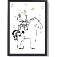 ARTZE Scandi Princess Little Sitting on Unicorn Framed Print SIZE: A2 with Black Frame