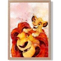 ARTZE Mufasa & Simba Watercolour Lion King Framed Print SIZE: A4 with Oak Frame in Red | Size: A2