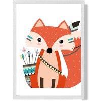 ARTZE Sitting Red Fox Tribal Animal Framed Print SIZE: A2 with White Frame