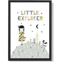ARTZE Cute Little Explorer Scandi Quote Framed Print SIZE: A2 with Black Frame in Pink