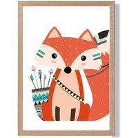 ARTZE Sitting Red Fox Tribal Animal Framed Print SIZE: A2 with Oak Frame