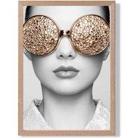 ARTZE Girl with Gold Bling Sunglasses Fashion Black & White Photo Framed Print SIZE: A4 with Oak Frame | Size: A2