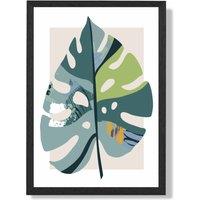 ARTZE Monstera Leaf Teal & Green Mid Century Modern Framed Print SIZE: A2 with Black Frame