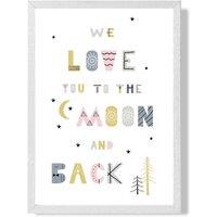 ARTZE Cute Love you to the Moon Pink Scandi Quote Framed Print SIZE: A4 with White Frame | Size: A2