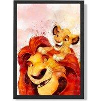 ARTZE Mufasa & Simba Watercolour Lion King Framed Print SIZE: A2 with Black Frame in Red