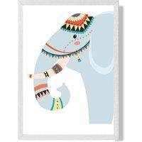 ARTZE Peeking Elephant Tribal Animal Framed Print SIZE: A2 with White Frame in Pale Blue