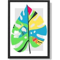 ARTZE Monstera Leaf Blue & Green Abstract Minimalist Framed Print SIZE: A2 with Black Frame in Mid Blue