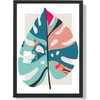 ARTZE Monstera Leaf Blue & Pink Boho Botanical Framed Print SIZE: A3 with Black Frame in Mid Blue | Size: A2