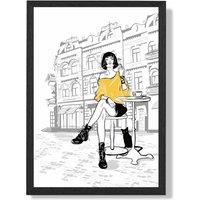 ARTZE Paris Caf with Cat Style & Fashion Sketch Framed Print SIZE: A4 with Black Frame in Yellow | Size: A2