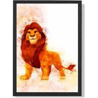 ARTZE Simba Watercolour Lion King Framed Print SIZE: A2 with Black Frame in Orange