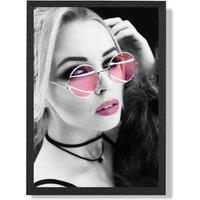 ARTZE Girl with Pink Sunglasses Fashion Black & White Photo Framed Print SIZE: A2 with Black Frame