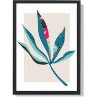 ARTZE Palm Leaf Blue & Pink Boho Botanical Framed Print SIZE: A2 with Black Frame in Mid Blue