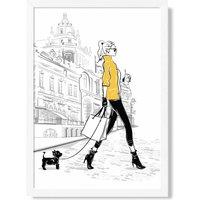 ARTZE Paris Street with Dog Style & Fashion Sketch Framed Print SIZE: A4 with White Frame in Yellow | Size: A2