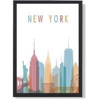 ARTZE New York Colourful City Skyline Framed Print SIZE: A3 with Black Frame in Pale Blue | Size: A2
