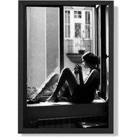 ARTZE Girl in Window Fashion Black & White Photo Framed Print SIZE: A2 with Black Frame