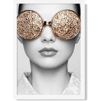 ARTZE Girl with Gold Bling Sunglasses Fashion Black & White Photo Framed Print SIZE: A3 with White Frame | Size: A2