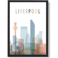 ARTZE Liverpool Colourful City Skyline Framed Print SIZE: A3 with Black Frame in Pale Blue | Size: A2