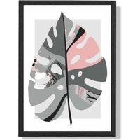 ARTZE Monstera Leaf Grey & Pink Boho Botanical Framed Print SIZE: A4 with Black Frame | Size: A2
