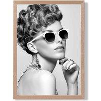 ARTZE Girl with Sunglasses Fashion Black & White Photo Framed Print SIZE: A3 with Oak Frame | Size: A2