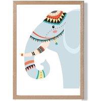 ARTZE Peeking Elephant Tribal Animal Framed Print SIZE: A4 with Oak Frame in Pale Blue | Size: A2