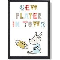 ARTZE Cute New Player in Town Scandi Quote Framed Print SIZE: A2 with Black Frame in Pale Blue