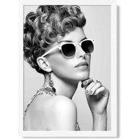 ARTZE Girl with Sunglasses Fashion Black & White Photo Framed Print SIZE: A2 with White Frame
