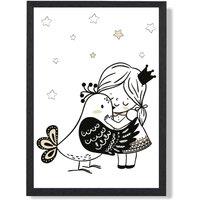ARTZE Scandi Princess Lttle Hugging Bird Framed Print SIZE: A2 with Black Frame