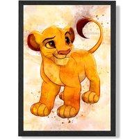 ARTZE Simba Cub Watercolour Lion King Framed Print SIZE: A2 with Black Frame in Yellow