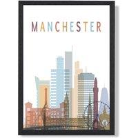 ARTZE Manchester Colourful City Skyline Framed Print SIZE: A2 with Black Frame in Pale Blue
