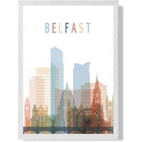 ARTZE Belfast Colourful City Skyline Framed Print SIZE: A4 with White Frame in Pale Blue | Size: A2