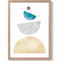 ARTZE Aqua & Yellow Semi Circles Mid Century Geometric Framed Print SIZE: A4 with Oak Frame | Size: A2