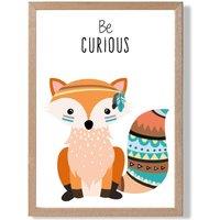 ARTZE Be Curious Fox Tribal Animal Quote Framed Print SIZE: A3 with Oak Frame in Orange | Size: A2