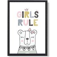 ARTZE Cute Girls Rule Bear Scandi Quote Framed Print SIZE: A3 with Black Frame in Pink | Size: A2