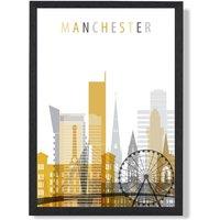 ARTZE Manchester Yellow & Grey City Skyline Framed Print SIZE: A2 with Black Frame