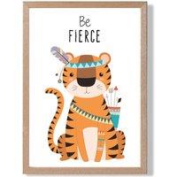 ARTZE Be Fierce Tiger Tribal Animal Quote Framed Print SIZE: A3 with Oak Frame in Orange | Size: A2