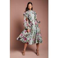 Long Sleeve Printed Organza Shirt Dress