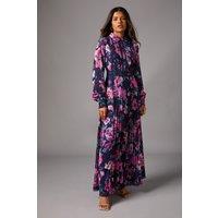 Coast Women's Petite Print Pleated Lace Trim Midi Dress in Navy | Size: 8