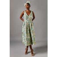 V Neck Floral Jacquard Full Skirt Midi Dress