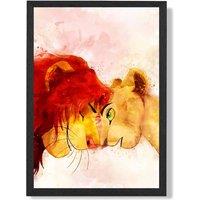 ARTZE Simba & Nala Watercolour Lion King Framed Print SIZE: A2 with Black Frame in Red
