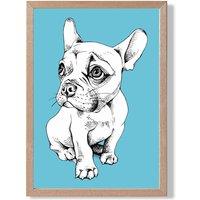 ARTZE Sketch French Bulldog on Bright Blue Framed Print SIZE: A2 with Oak Frame