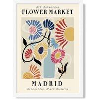 ARTZE Madrid Blue & Pink Flower Market Exhibition Framed Print SIZE: A4 with White Frame in Mid Blue | Size: A2